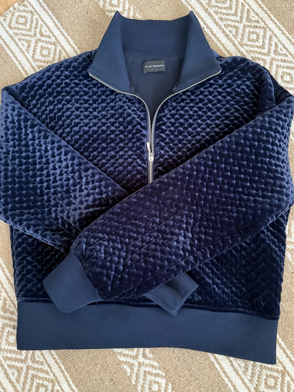 Vintage Y2K Club Monaco Ink Navy Plush Quilted Velvet QuarterZip Bomber M/L